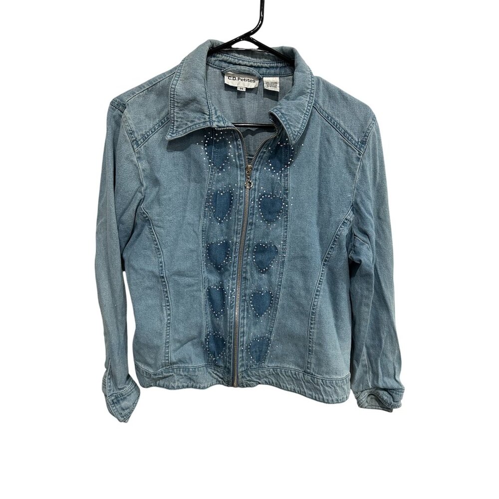 C.D. Petites Rhinestone Details Zip-Up Long Sleeves Casual Denim Jacket Size M